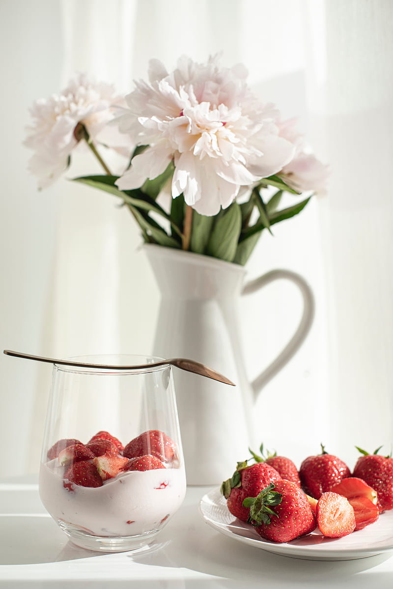 strawberries, dessert, peonies, flowers, HD phone wallpaper