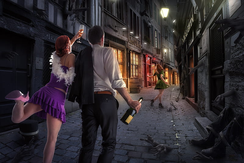 Middle night fantasies, bottle, man, creative, situation, fantasy, girl, people, party, drink, street, couple, night, HD wallpaper