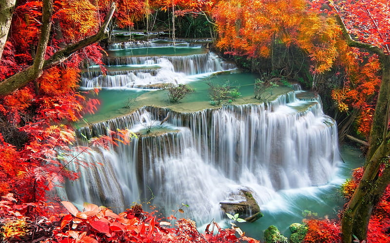Erawan National Park Waterfalls, Thailand, National Parks, Waterfalls, Thailand, Nature, HD wallpaper
