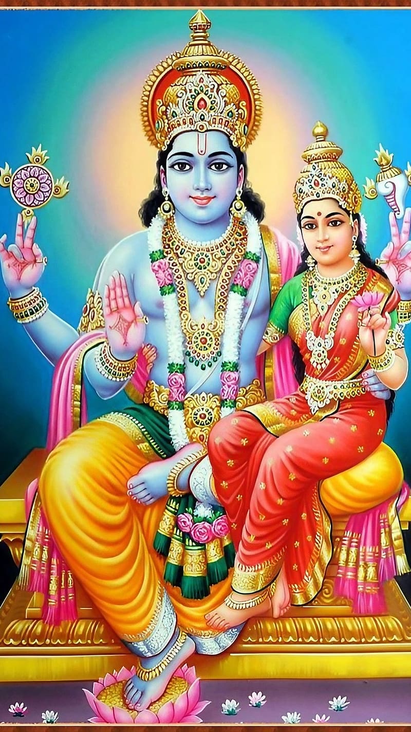 Vishnu Lakshmi, Blue Background, lord vishnu, goddess laxmi, HD phone wallpaper