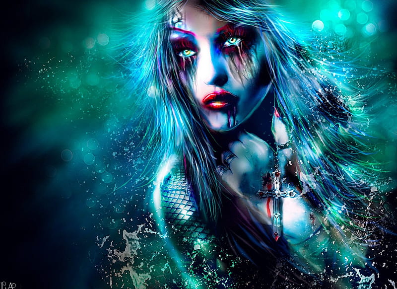 Cybernet gothica, art, fantasy, green, girl, starrayne, woman, blue, HD wallpaper