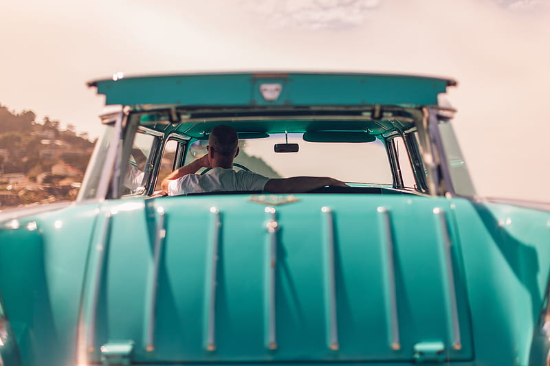 selective focus graphy of person riding teal car, HD wallpaper