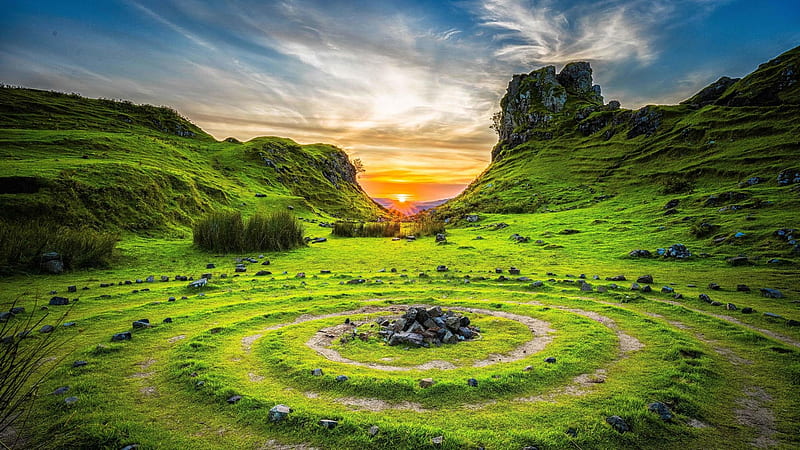 Fairy Glen on Isle of Skye, Scotland, landscape, rocks, stones, grass, sunrise, nature, hill, HD wallpaper