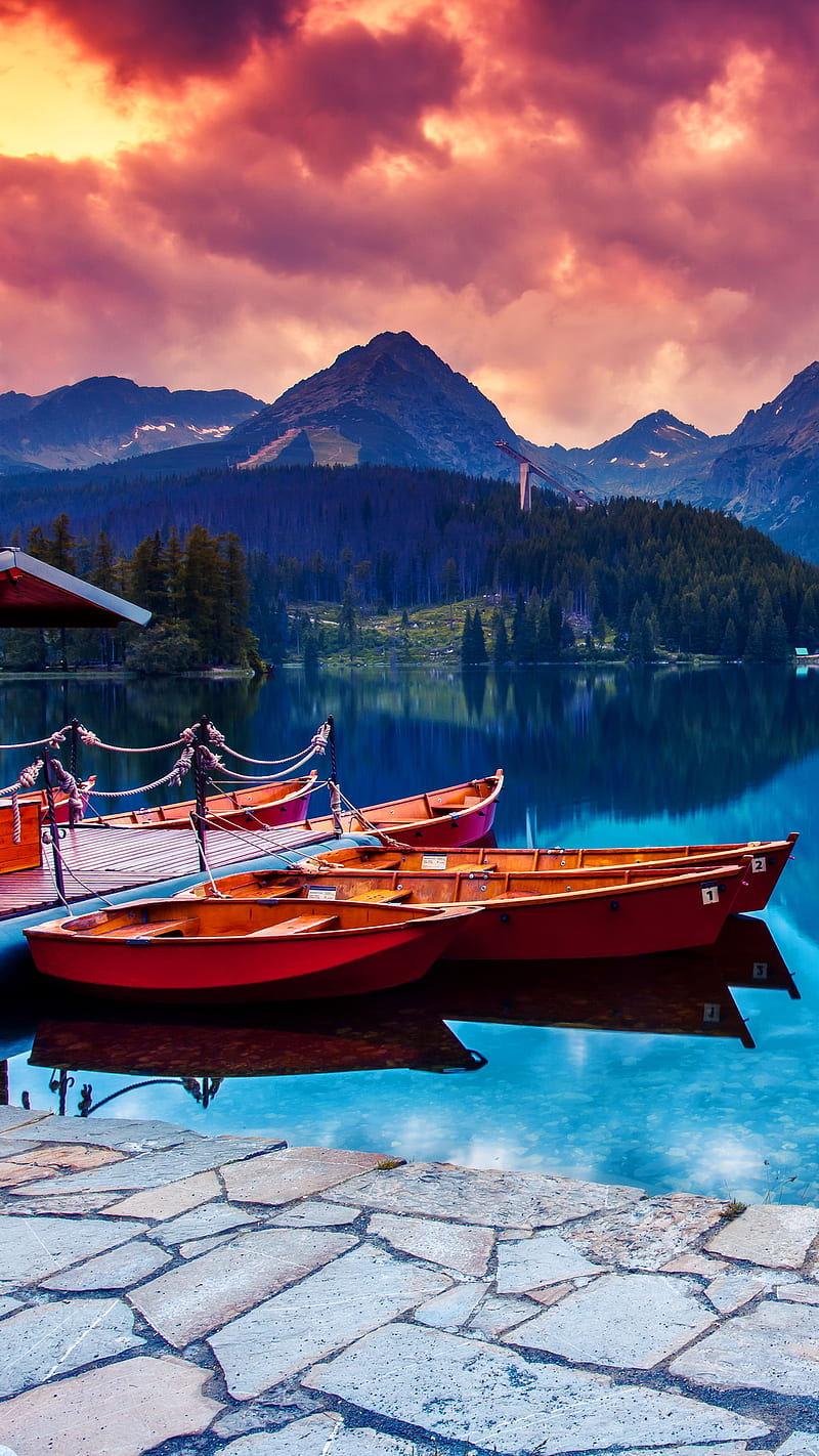 Lake, bonito, boats, mountains, nature, sunset, water, HD phone ...