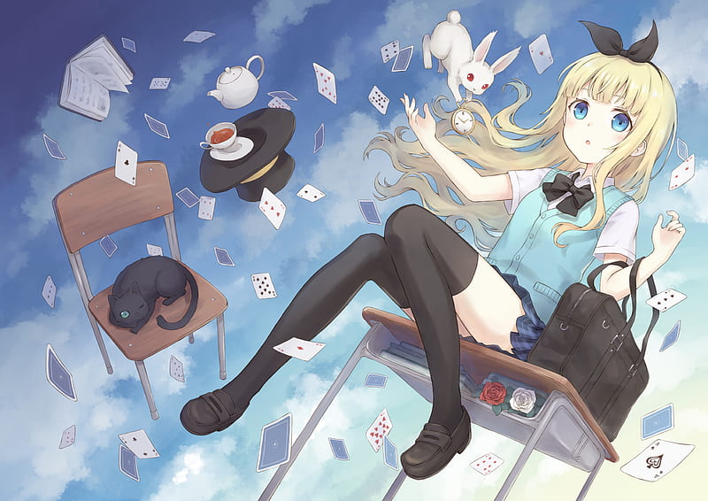 Anime, Alice In Wonderland, Alice (Alice in Wonderland), Cat, Girl, HD wallpaper