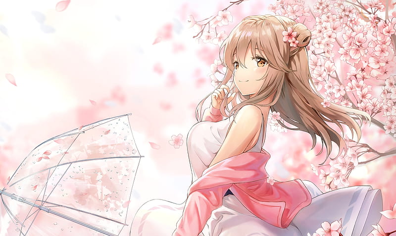 Cute anime girl, profile view, sakura blossom, white dress, umbrella, Anime,  HD wallpaper | Peakpx