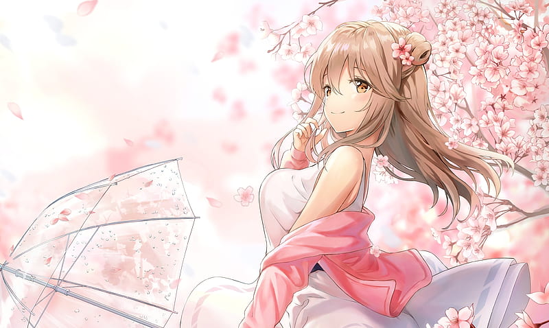 cute anime girl, profile view, sakura blossom, white dress, umbrella, Anime, HD wallpaper