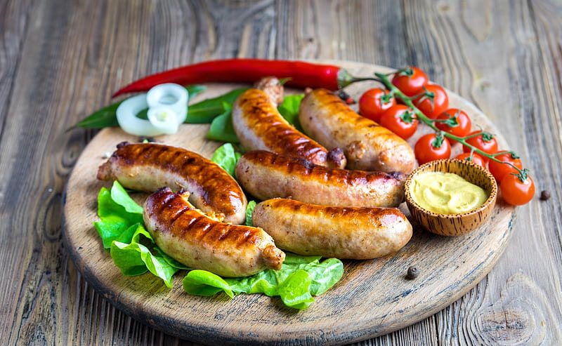 sausages, tomato, red pepper, Food, HD wallpaper