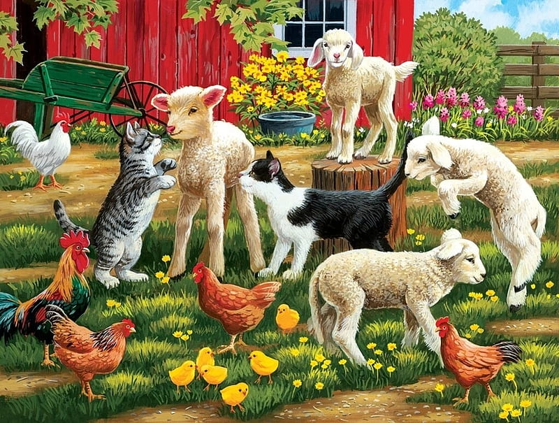 Lambs on the loose, art, sheep, painting, lamb, pictura, cat, kitten, pisici, farm, HD wallpaper
