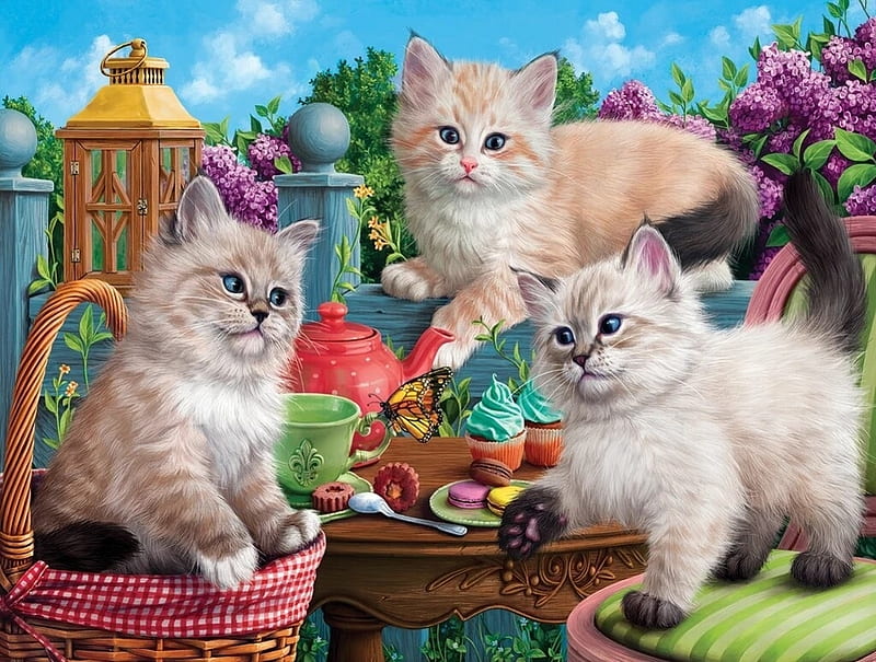 Kitten tea party, tea party, art, cat, cupcake, cute, cookie, basket, cup, painting, flower, kitten, pisici, pictura, HD wallpaper