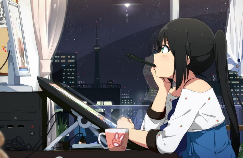 Lost In Thought, Tokyo Tower, Nightscape, Night Sky, Anime, Black Hair, Blushing, Big Eyes, Green Eyes, Anime Girl, Computer, HD wallpaper