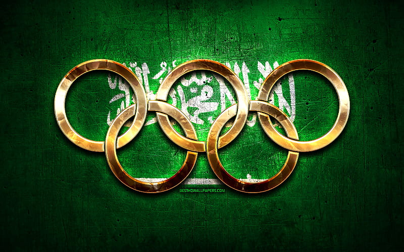 Saudi olympic team, golden olympic rings, Saudi Arabia at the Olympics, creative, Saudi flag, metal background, Saudi Arabia Olympic Team, flag of Saudi Arabia, HD wallpaper