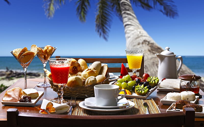 Breakfast for Two, table, two, ocean, breakfast, palm, HD wallpaper