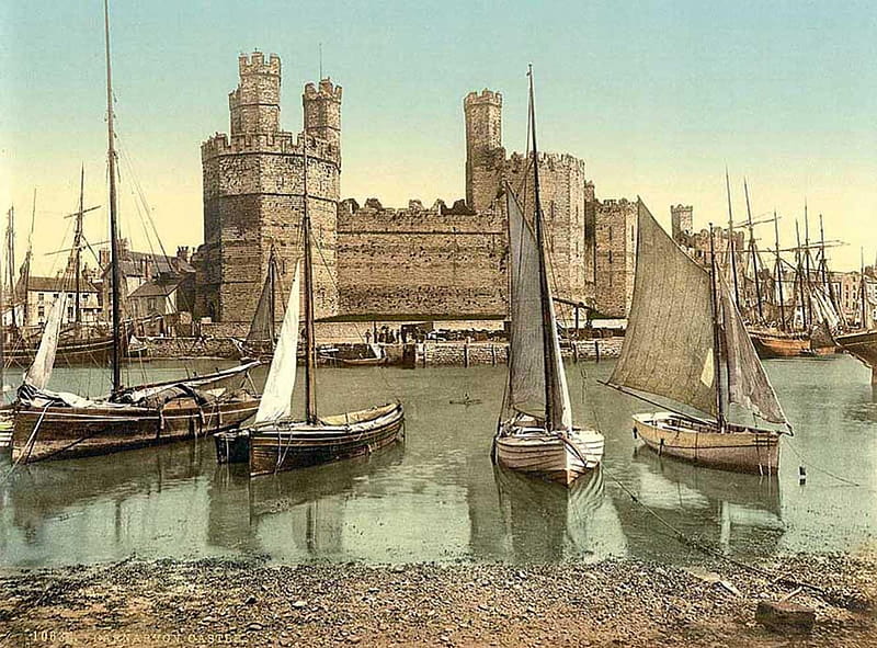 Caernarvon Castle in Wales in the Late 1890s, Color, graph, Wales, British, Historical, HD wallpaper
