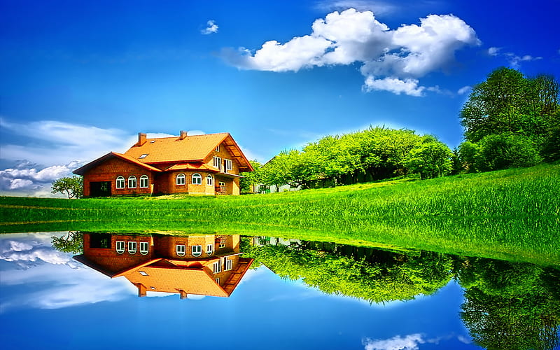 Lovely Place, architecture, pretty, house, grass, clouds, splendor, beauty, season, beauty of nature, reflection, lovely, holiday, houses, sky, trees, water, prairie, landscape, reflecting, field, home, sunny, bonito, leaves, green, sharp, sunmmer, blue, cloud, lakes, view, blur sky, lake, nice view, tree, plants, peaceful, summer, nature, reflected, branches, earth, HD wallpaper