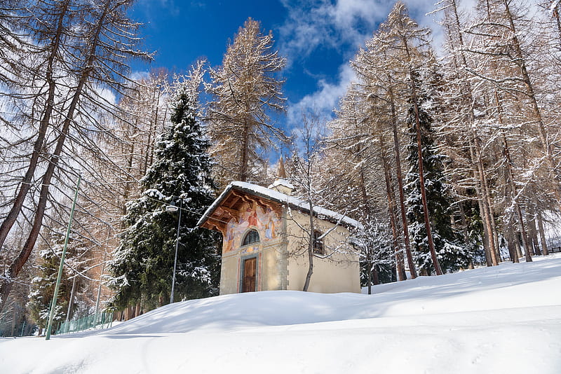Religious, Chapel, Forest, Italy, Snow, Winter, HD wallpaper