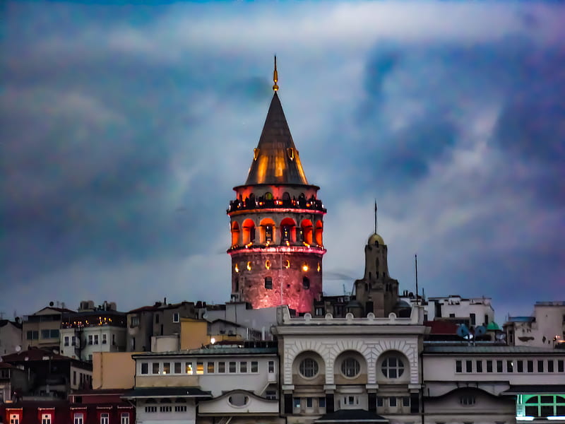 Galata tower, christmas lights, galata kulesi, halloween, istanbul, kule, land, shop, wall, HD wallpaper