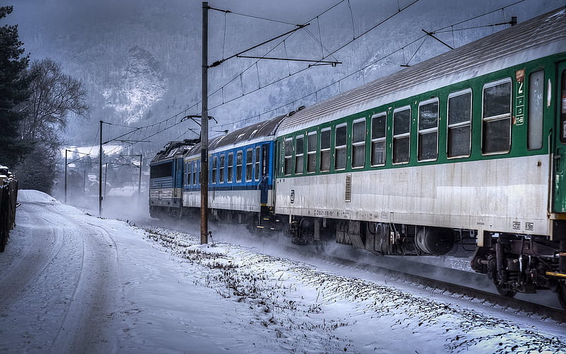snow-covered road, winter landscape, passenger train, czech republic, HD wallpaper