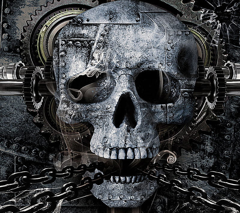 metal skull, chains, goth, halloween, metal, skull, HD wallpaper