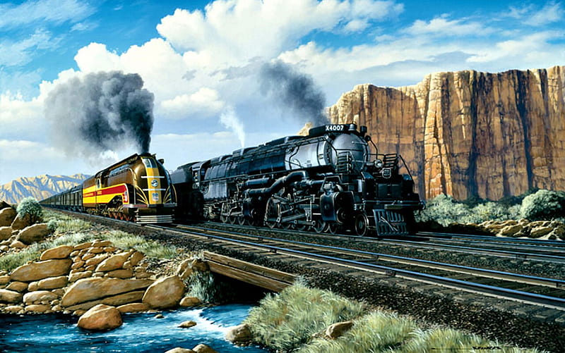 Streamline and Utility F1C, railroad, art, locomotive, artwork, train, engine, painting, wide screen, tracks, HD wallpaper