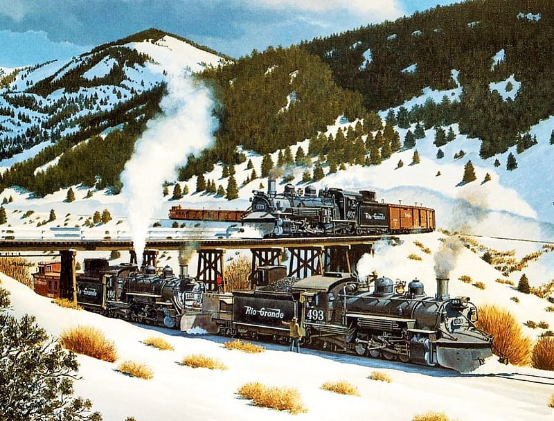 Trains at Mears Junction, Colorado, locomotives, snow, mountains, station, steam, landscape, HD wallpaper