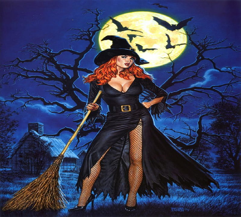 Red Head Witch, witch, house, bats, broom, night, HD wallpaper