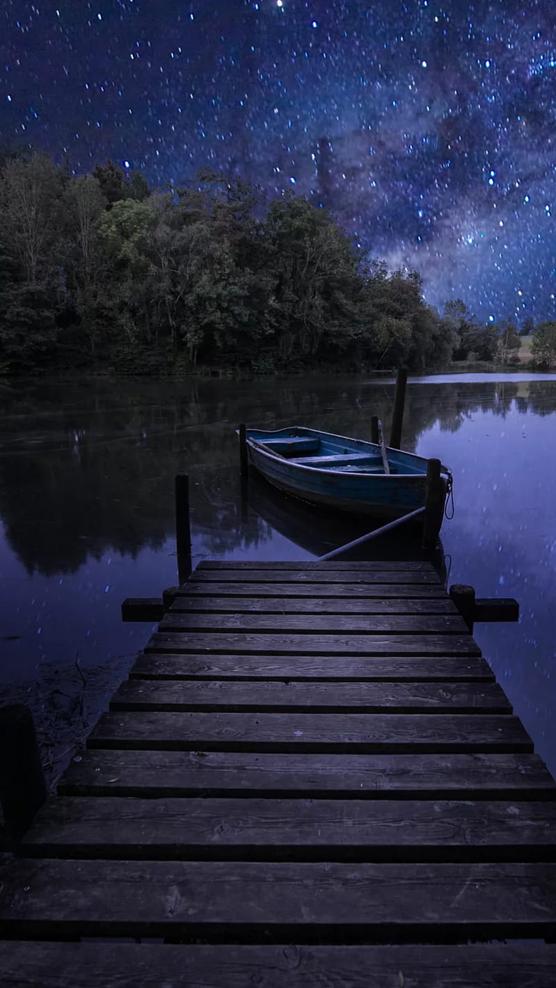 Nature, boat, dock, lake, night, stars, water, wooden, HD phone wallpaper