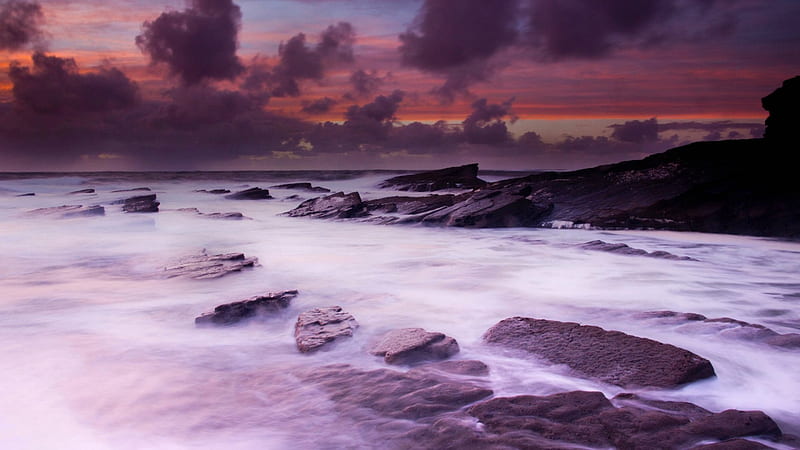 lavender colored rugged seashore in ireland, rocks, shore, sunset, lavender, clouds, sea, HD wallpaper