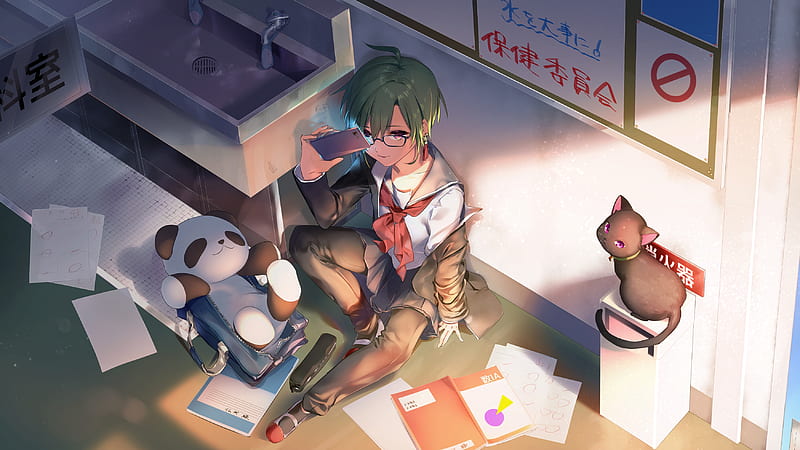 senkawa midori, ryushen, school, glasses, cat, smartphone, papers, Anime, HD wallpaper