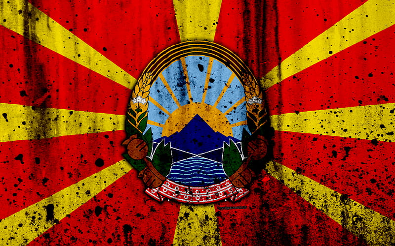 Macedonian flag grunge, flag of Macedonia, Europe, national symbols, Macedonia, coat of arms of Macedonia, Macedonian coat of arms, HD wallpaper