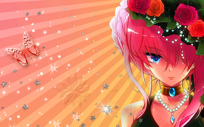 Megurine Luka, manga, portrait, pink hair, flowers, Vocaloid, HD wallpaper