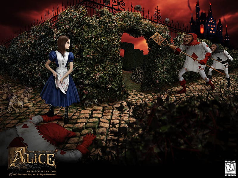 Run Alice, dead, cards, chased, wonderland, knifr, blood, HD wallpaper