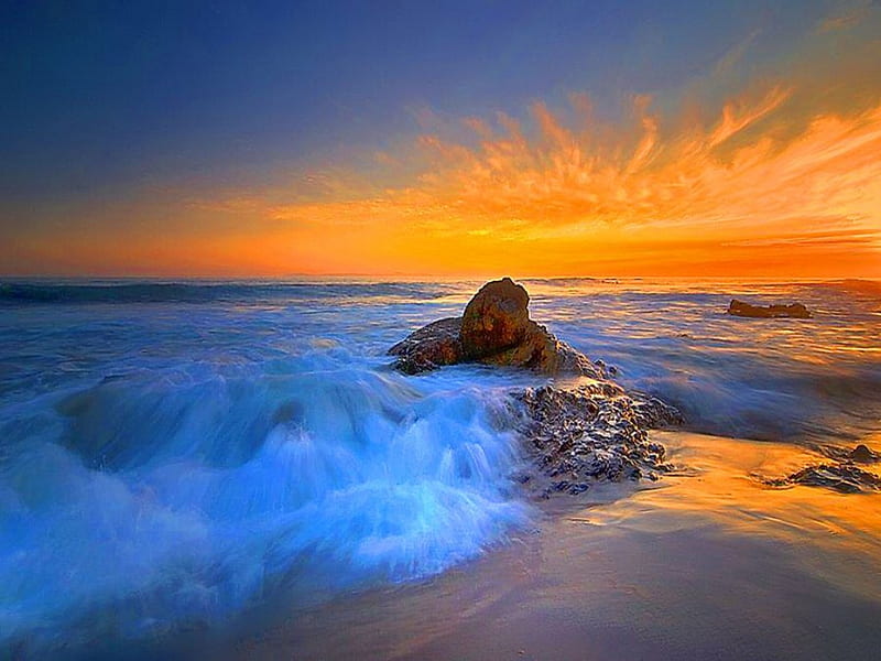 Fire and surf, beach, rocks, orange, surf, waves, sky, blue, HD wallpaper