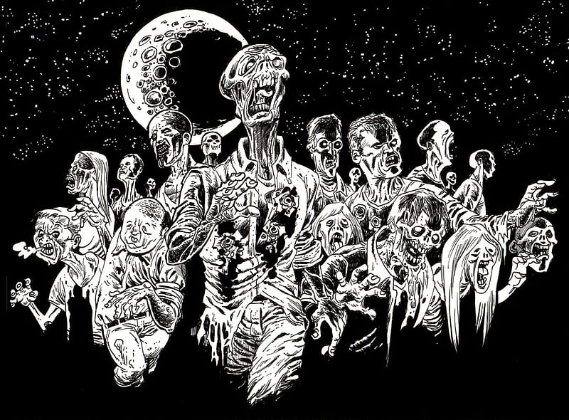 NIGHT OF THE ZOMBIES, zombies, black, white, night, HD wallpaper