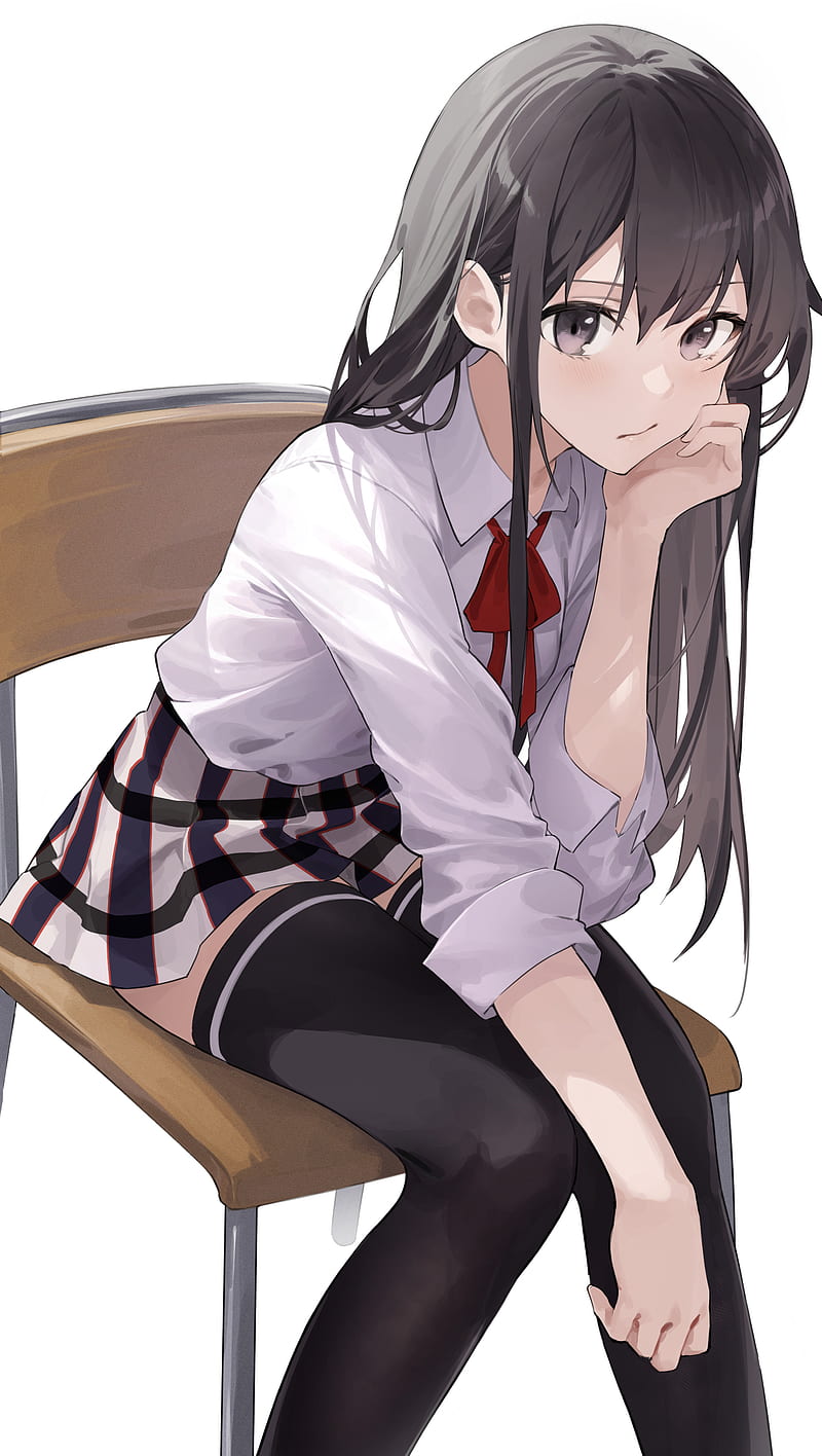 Beautiful hot anime girl Keqing sitting on chair 2K wallpaper download