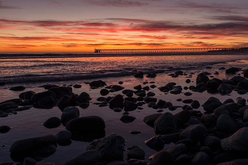 sunset, bridge, sea, stones, horizon, HD wallpaper