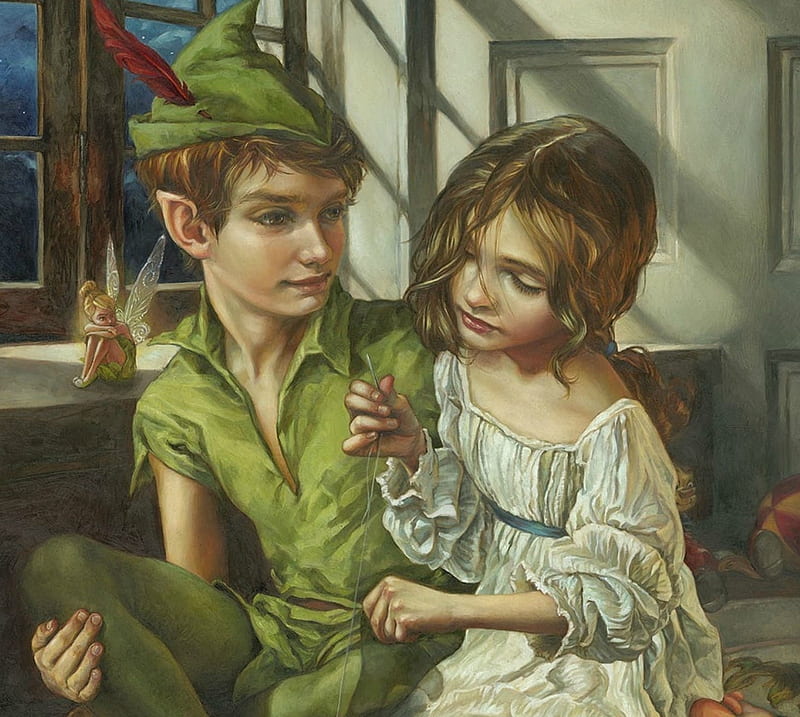 Peter Pan, Wendy and Tinkerbell, couple, art, luminos, tinkerbell, fantasy, boy, green, peter pan, girl, painting, wendy, heather theurer, pictura, fairy, HD wallpaper