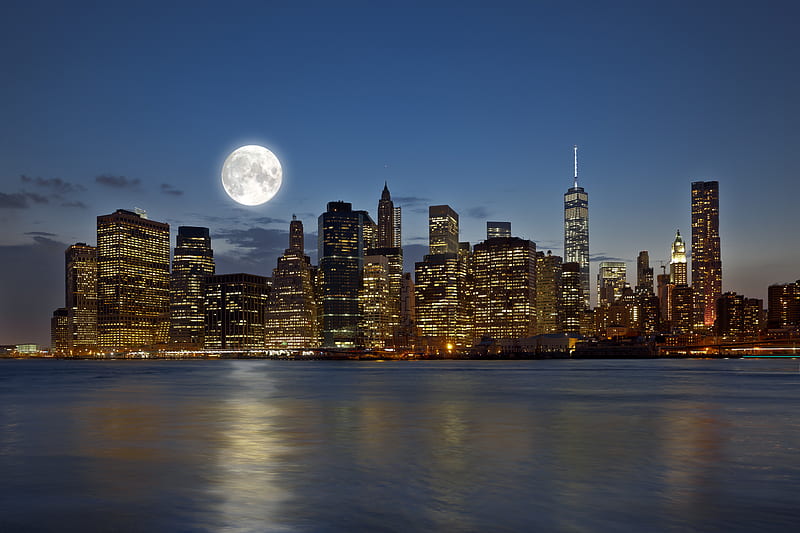 Full Moon over Manhattan, HD wallpaper