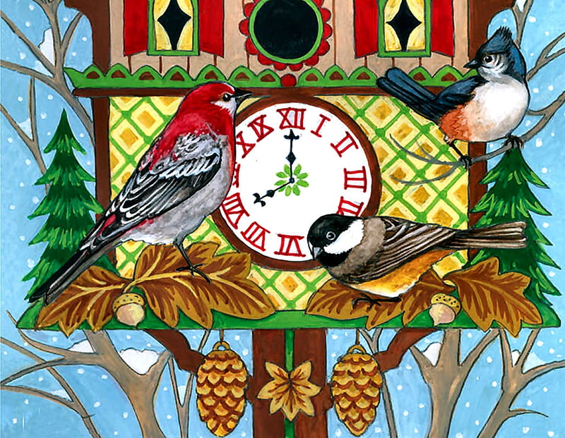 Cuckoo Clock Birdhouse F, art, songbirds, bonito, illustration, artwork, titmouse, animal, house finch, bird, chickadee, avian, painting, wildlife, HD wallpaper