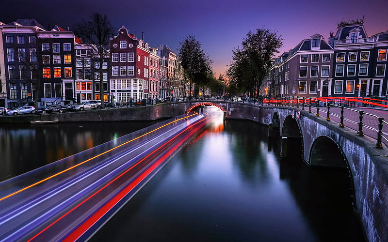 Amsterdam, canal, bridge, river, traffic lights, Holland, nightscapes, Netherlands, Europe, HD wallpaper