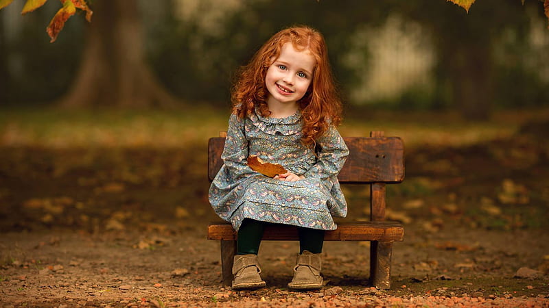 Smiley Cute Little Girl Is Sitting On Small Wood Bench Cute, HD wallpaper