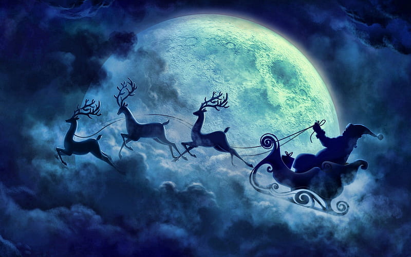 Santa flying, santa, moon, cloud, christmas, night, deer, HD wallpaper