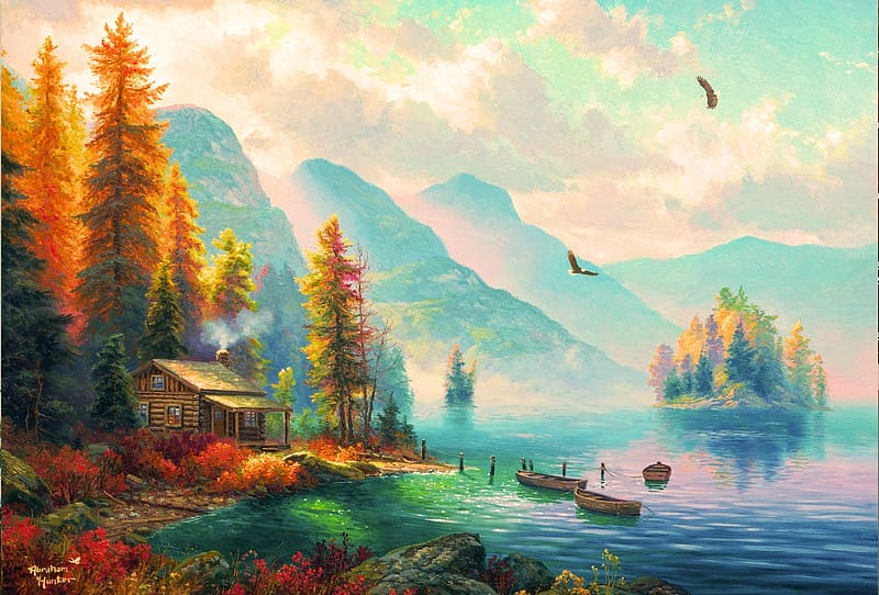 Spirit Island by Abraham Hunter, boats, trees, autumn, cabin, painting, artwork, lake, mountains, HD wallpaper