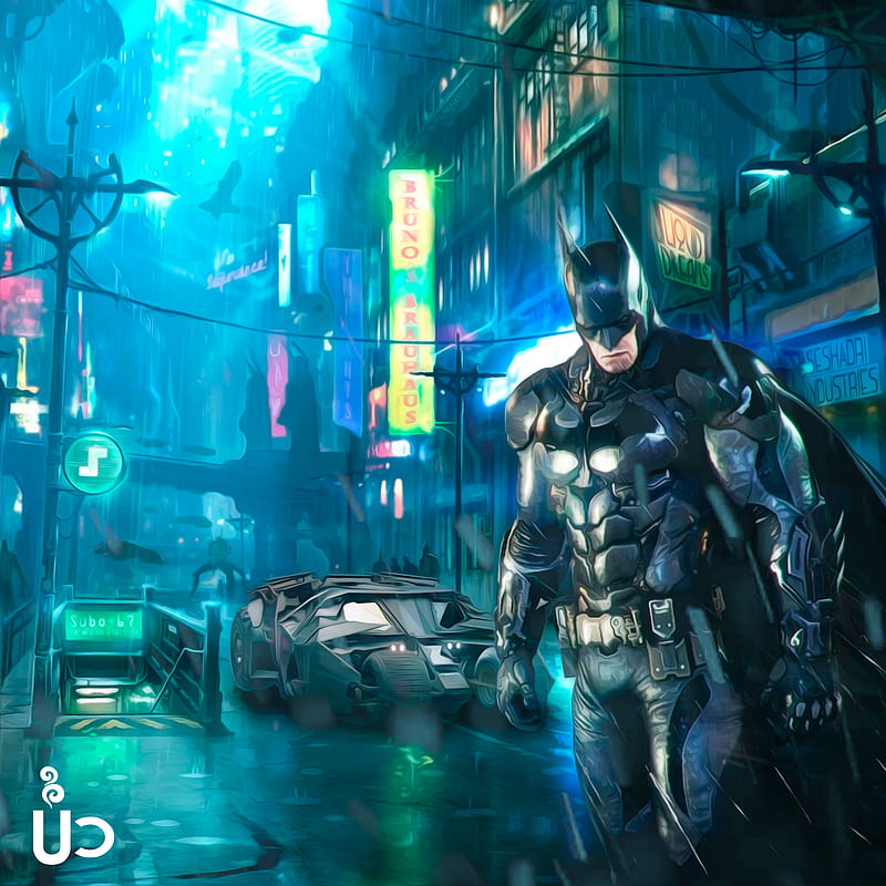 Batman Behind Batmobile, batman, superheroes, behance, artwork, artist, HD phone wallpaper