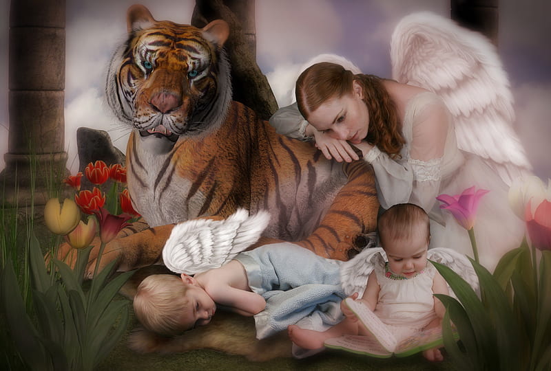 ~Story Teller~, pretty, little angels, conceptual, book, tiger, bonito, adorable, digital art, angels, women, leaves, fantasy, gentle, people, flowers, story, tulips, animals, female, wings, lovely, colors, softness, cute, cool, mixed media, plants, tender touch, babies, teller, HD wallpaper