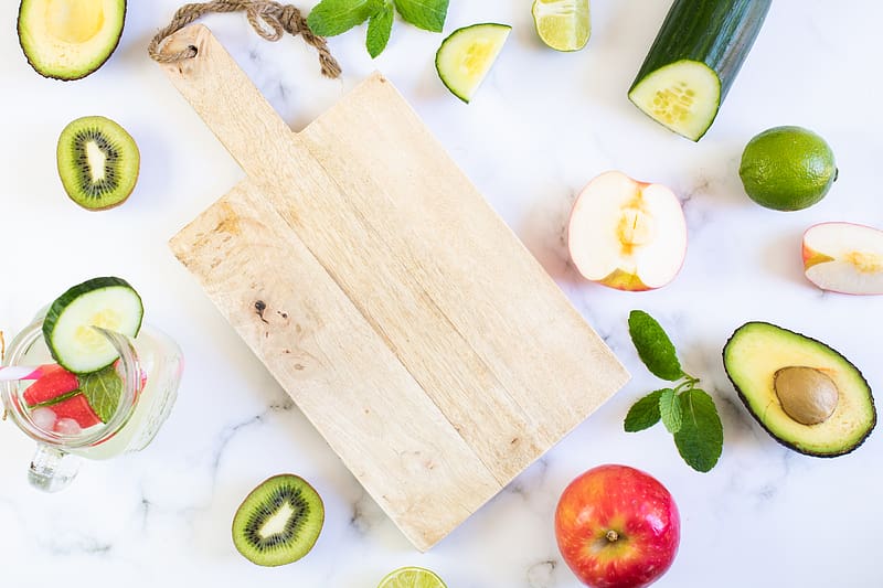 cutting board, kiwi, cucumbers, fruits, vegetables, HD wallpaper