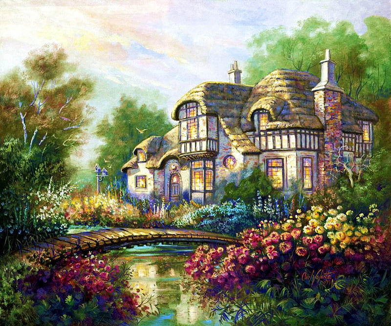Country Manor, pond, house, bridge, painting, flowers, park, trees, artwork, HD wallpaper