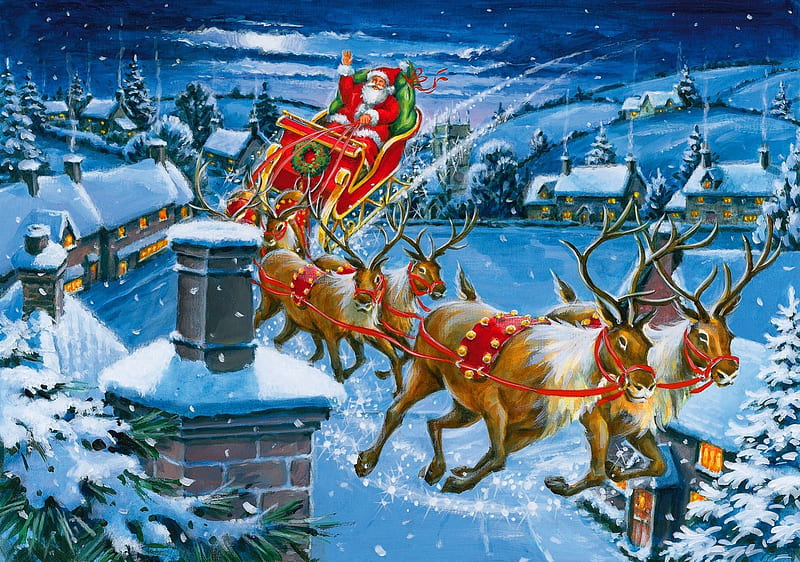 My work here is done, sleigh, cottages, bonito, magic, cold, nice, painting, village, deers, frost, night, art, lovely, view, holiday, christmas, houses, winter, santa, snow, ride, ice, work, gifts, HD wallpaper