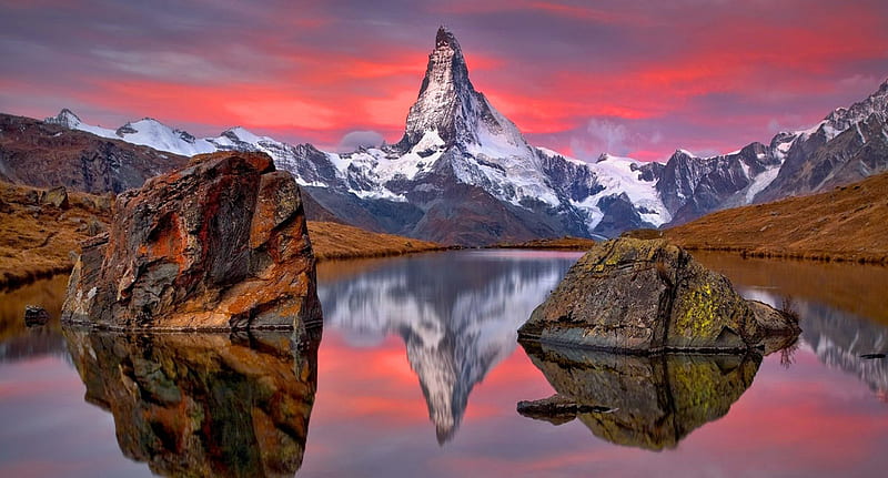 Matterhorn, rocks, amazing, calmness, clear, bonito, sky, lake, mountain, tranquil, water, serenity, peak, nature, mirror, reflection, HD wallpaper
