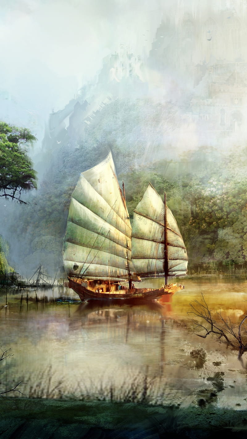 Ship in Water Art , sailing, scenery, painting, boat, HD phone wallpaper